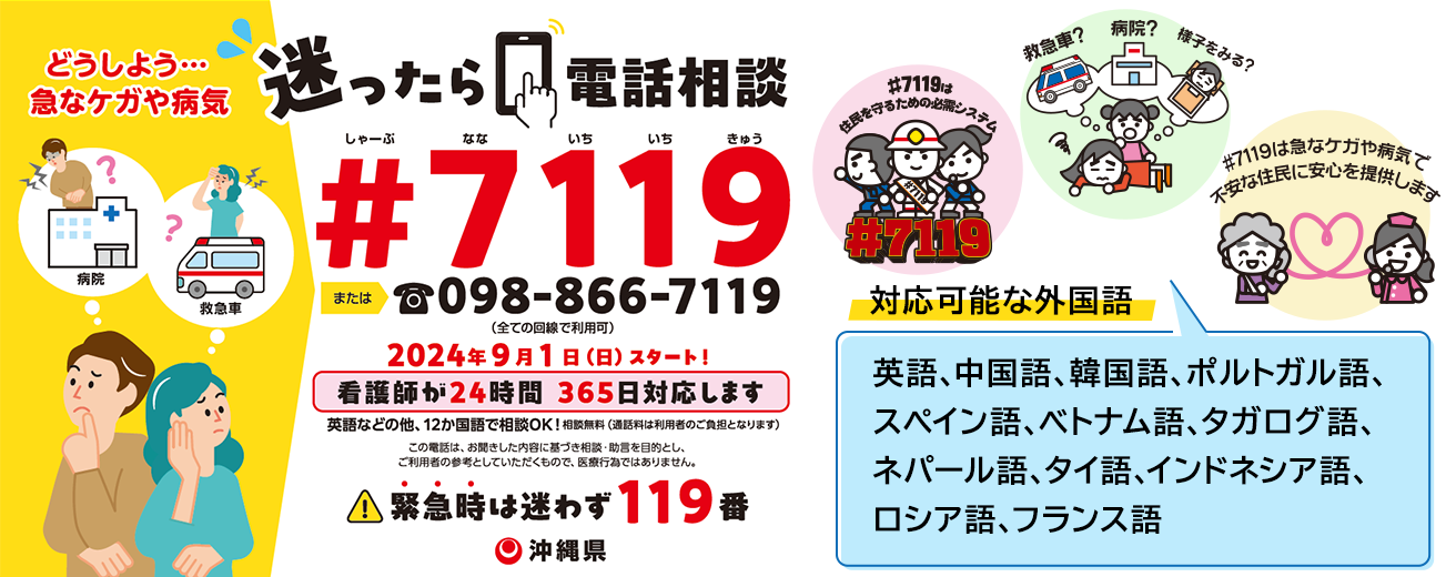 迷ったら電話相談　#7119または 電話：098-866-7119　2024年9月1日(日曜) スタート！看護師が24時間 365日対応　相談無料(通話料は利用者ご負担)対応可能な外国語は、英語など他、12か国語　お聞きした内容に基づき相談・助言を目的とし、医療行為ではありません