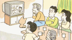 イラスト：テレビの気象情報を見る人々
