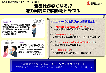 写真：電気代が安くなる？！電力契約の訪問販売トラブル　チラシ