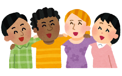 イラスト：4名の男女が肩を組む様子