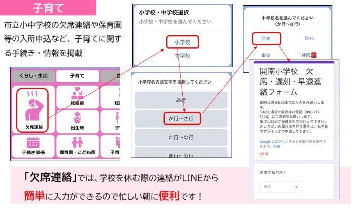 LINEから行える欠席連絡等の利用方法に関する説明画面