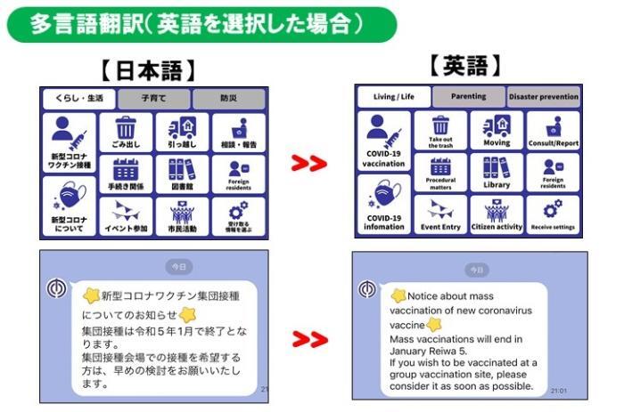 LINEの表示言語を日本語版と英語版で表示した画面