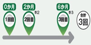 イラスト:標準的な間隔 2ヵ月あけて2回、1回目から6か月あけて1回。2回目は1回目から1か月以上あける。3回目は2回目から3カ月以上あける。
