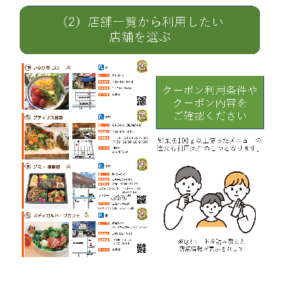 イラスト:2 店舗一覧から利用したい店舗を選ぶ クーポン利用条件やクーポン内容をご確認ください。
