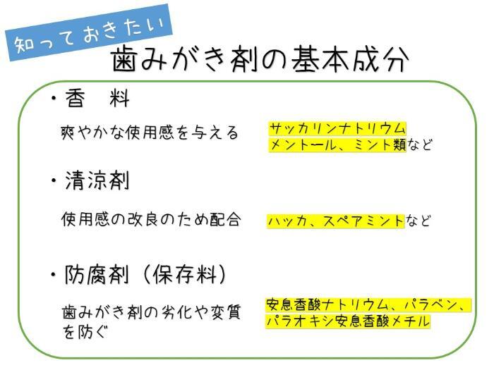 イラスト:知っておきたい 歯磨き剤の基本成分 香料・清涼剤・防腐剤(保存料)