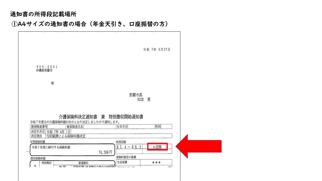 イラスト：通知書の所得段記載場所（1）A4サイズの通知書の場合（年金天引き、口座振替の方）