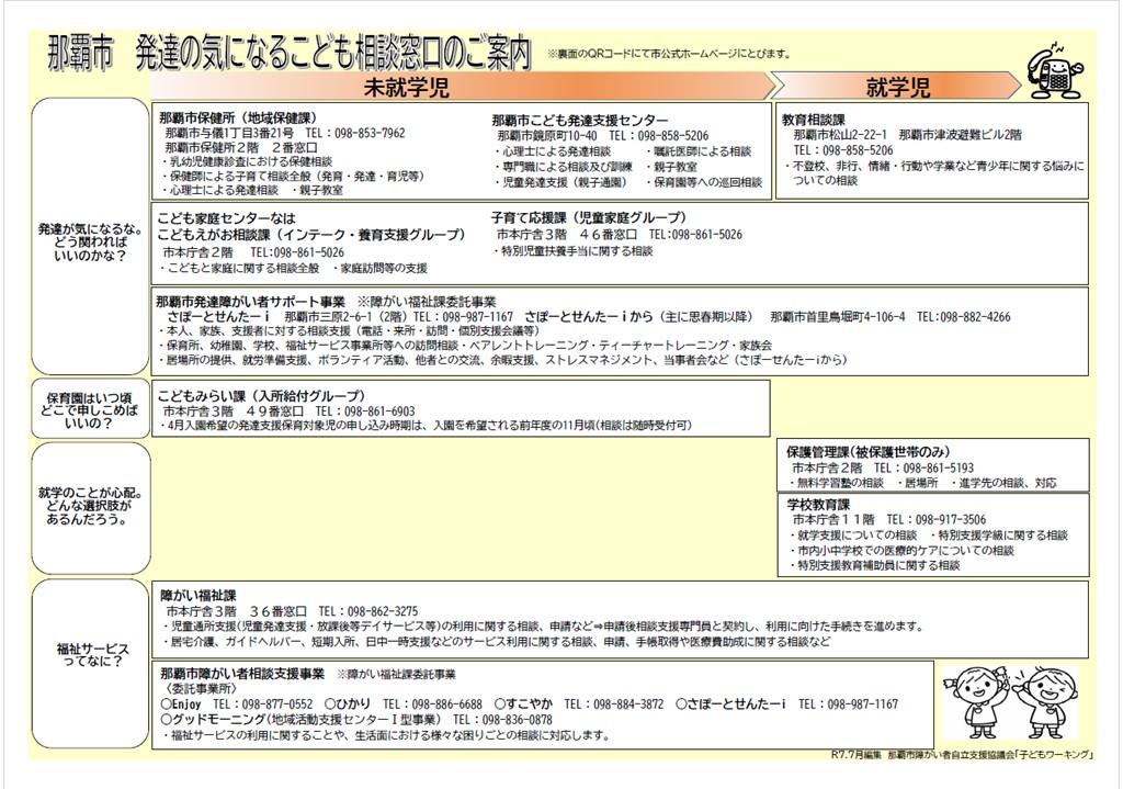 那覇市発達の気になるこども相談窓口のご案内表面