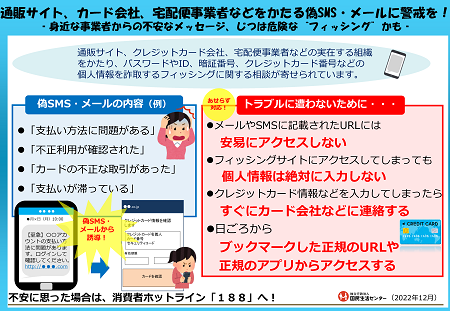 通販サイト、カード会社、宅配便事業者などをかたる偽SMS・メールに警戒を！