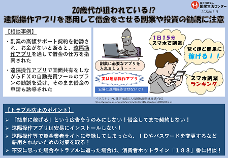 20歳代が狙われている！？遠隔操作アプリを悪用して借金をさせる副業や投資の勧誘に注意