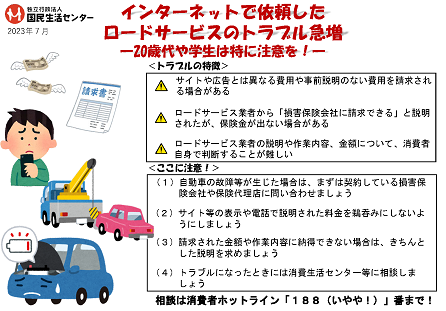 インターネットで依頼したロードサービスのトラブル急増－20歳代や学生は特に注意を！－