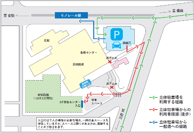 車両進入ルート及び第1立体駐車場からの歩行経路